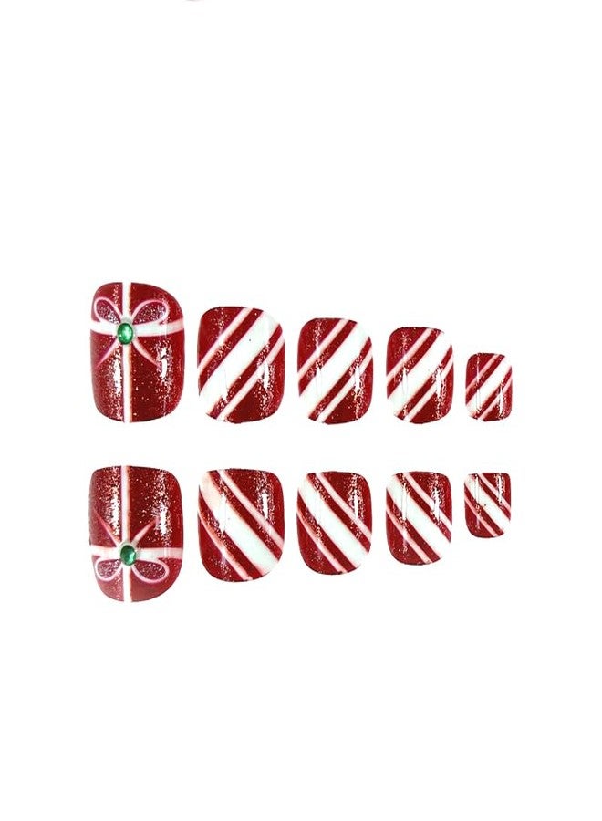 SHUXILIN 24Pcs Christmas Press on Toenails Short - SHUXILIN Rose Red Fake Toenails Glitter Rhinestone Glue on Toe Nails with Gift Box Candy Stripe Design Artificial Square Stick on Toe Nails for Women Girls - Image 5